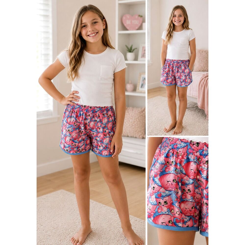 Shopkins Girls L 10/12 Pull On Shorts Pink/Blue Character Lounge Play Shorts #V